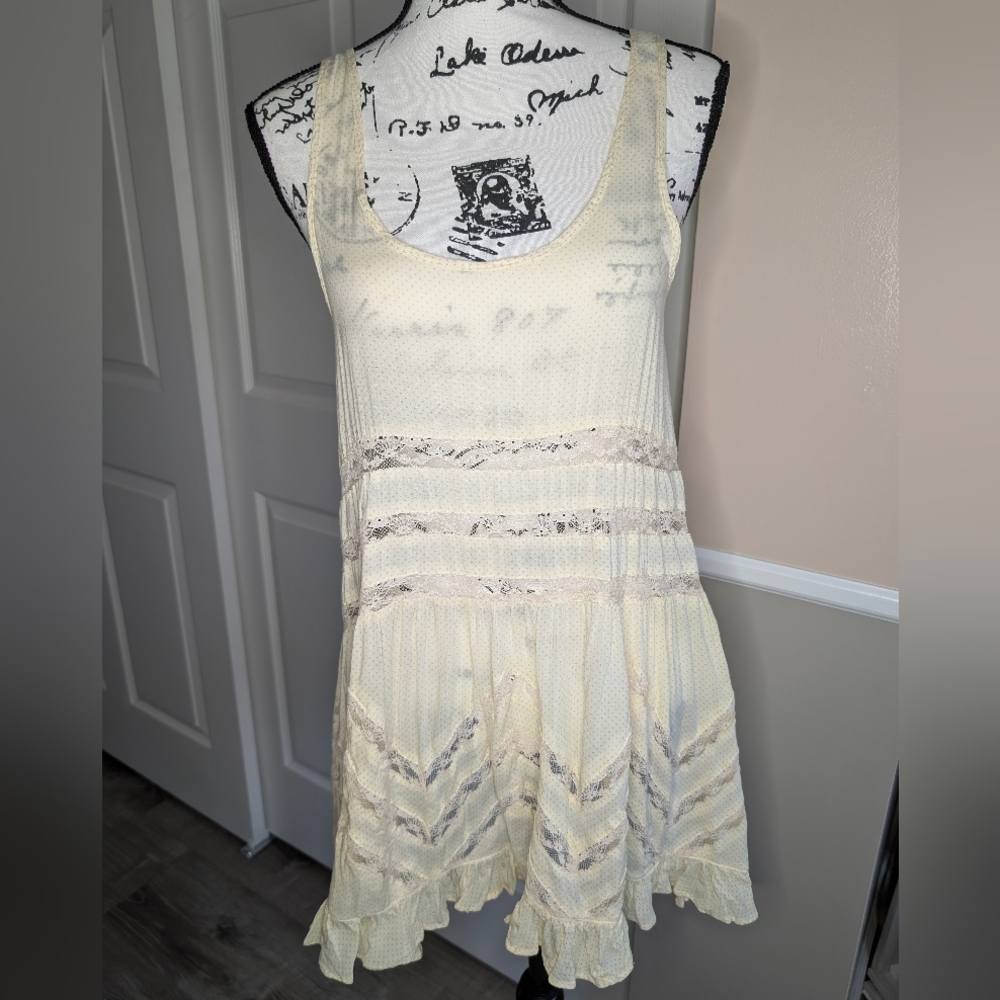 Free People Sleeveless Cream Lace-Trim Tiered Summer Dress